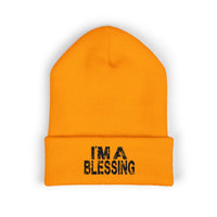 Embroidered Classic Cuffed Beanie - "I'm a Blessing" Black Text