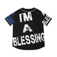 Men's Baseball Jersey - 'I'm a Blessing' Graphic Tee White Blue on Black