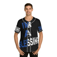 Men's Baseball Jersey - 'I'm a Blessing' Graphic Tee White Blue on Black