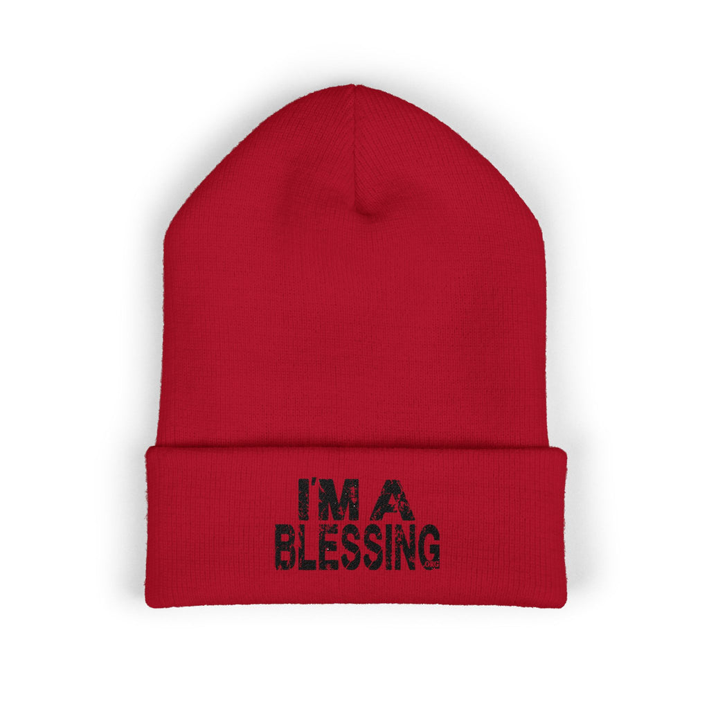Embroidered Classic Cuffed Beanie - "I'm a Blessing" Black Text